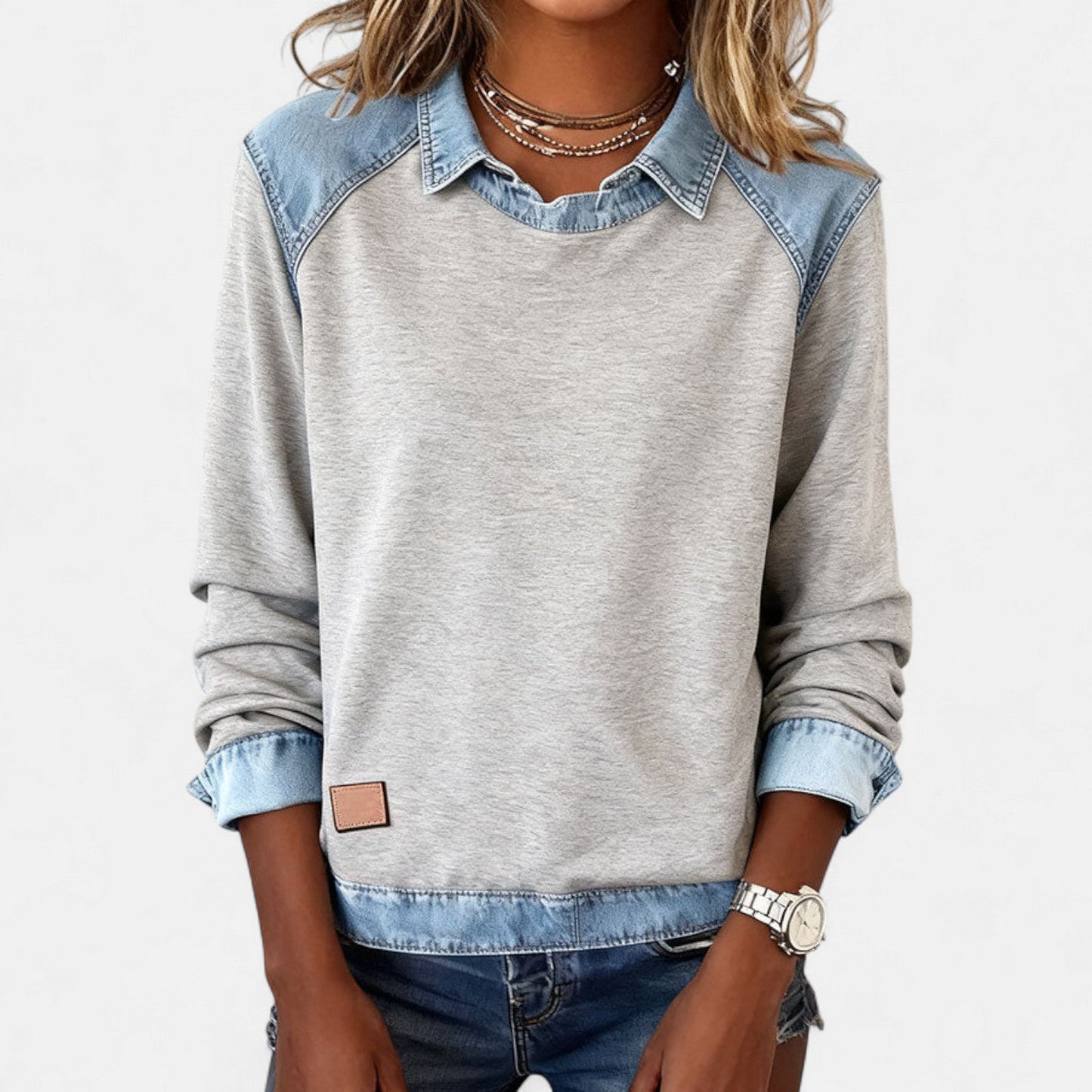 Image of Women's Color Block Denim Trim Sweater