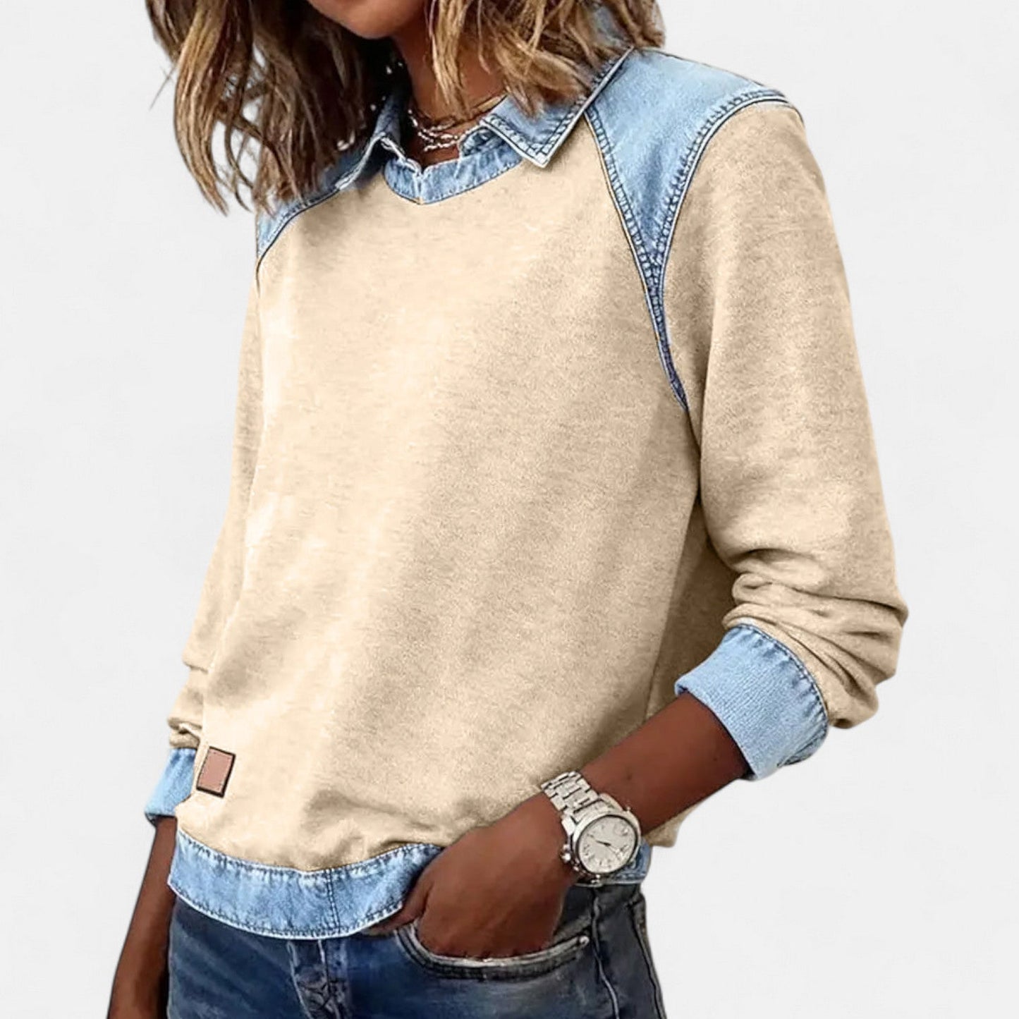 Image of Women's Color Block Denim Trim Sweater