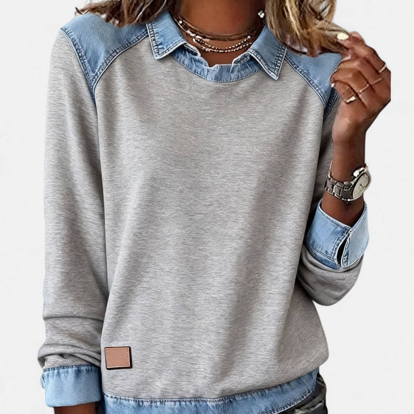 Image of Women's Color Block Denim Trim Sweater