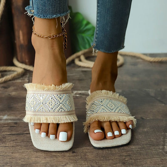 Image of Women's Fringe Square Toe Slide Sandals