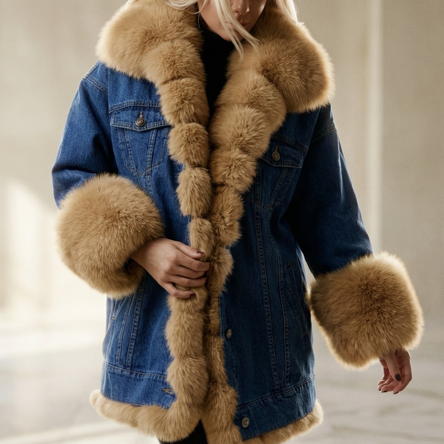 Image of Women's Fur Collar Denim Jacket