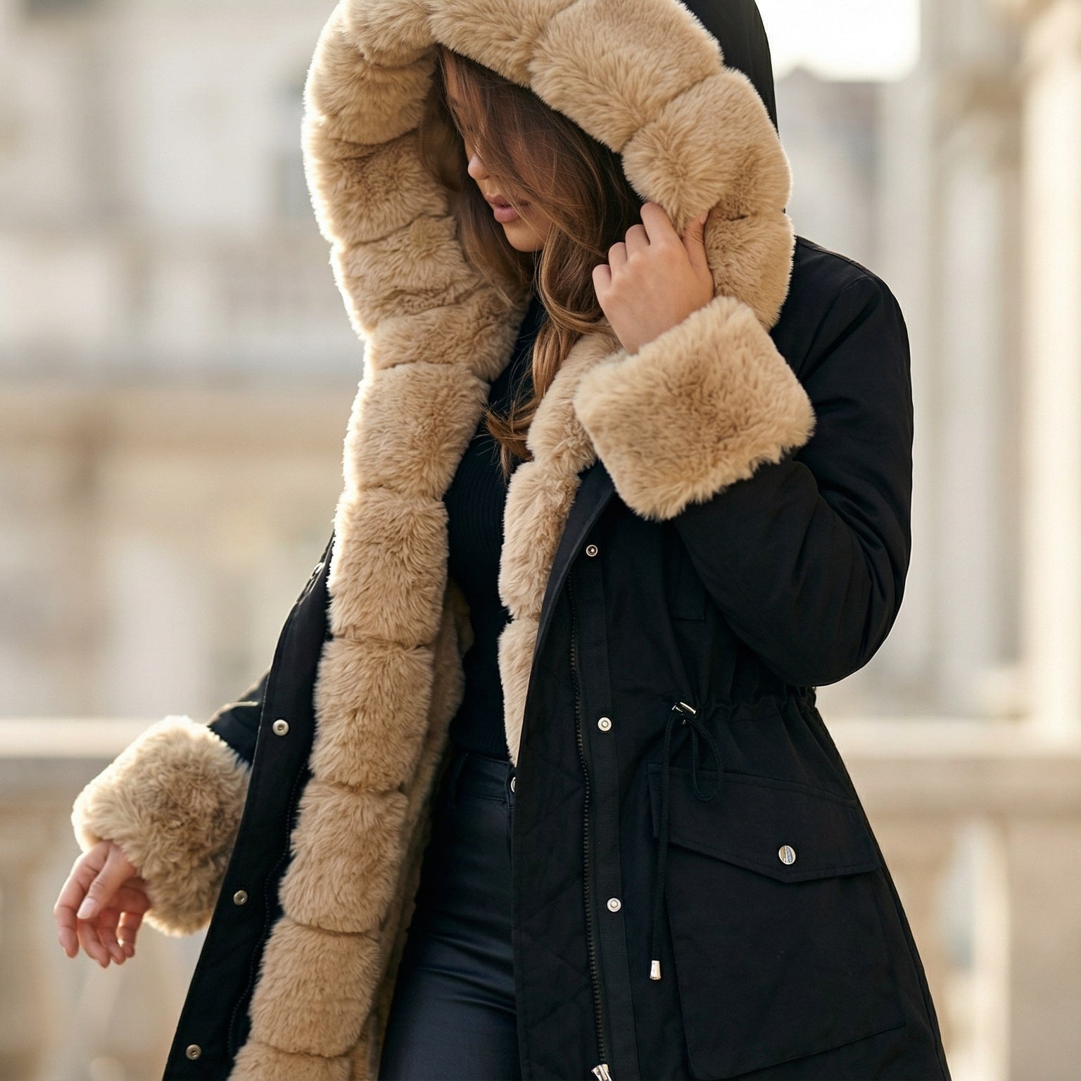 Image of Women's Hooded Fur Trimmed Jacket