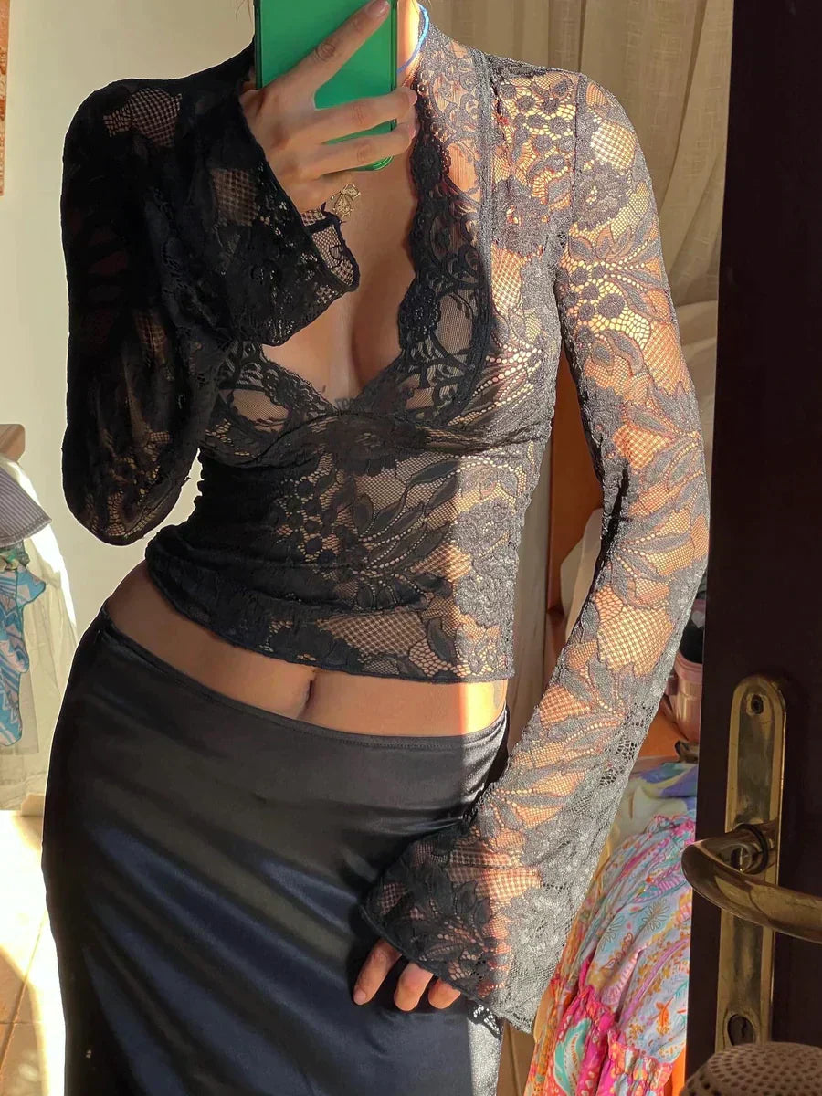 Image of Women's Long Sleeve Lace Wrap Blouse
