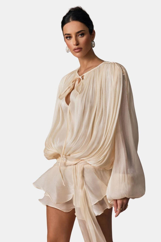 Image of Women's Long Sleeve Tie Neck Mini Dress