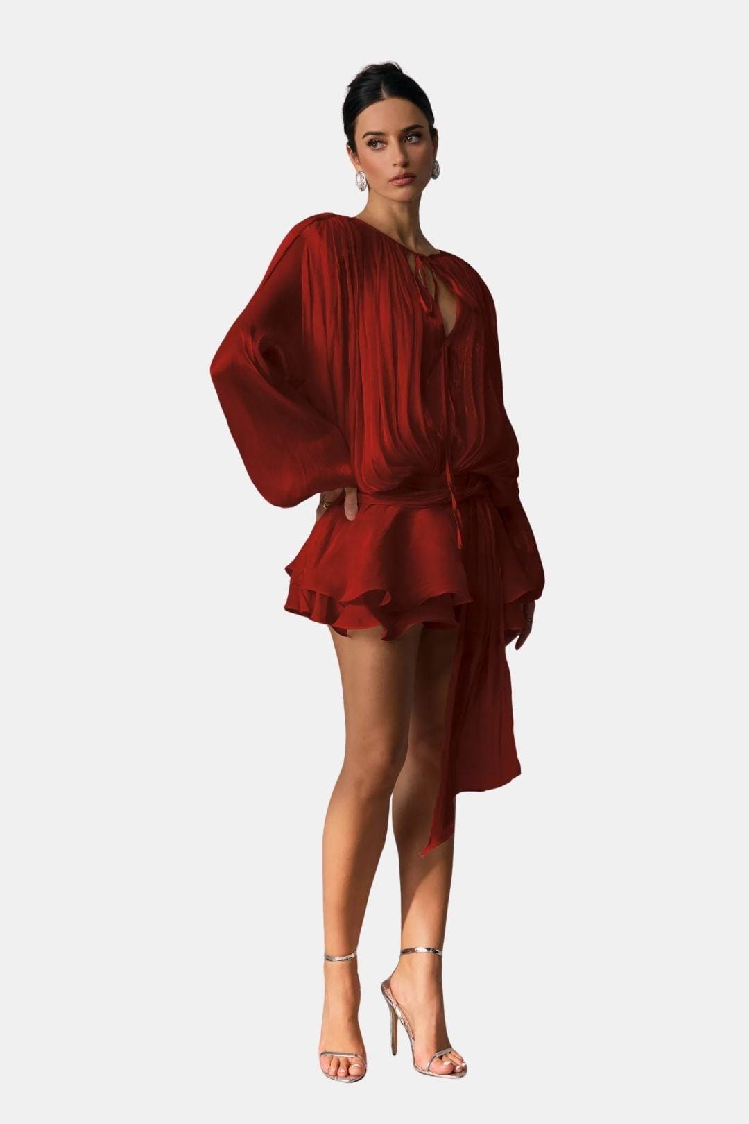 Image of Women's Long Sleeve Tie Neck Mini Dress