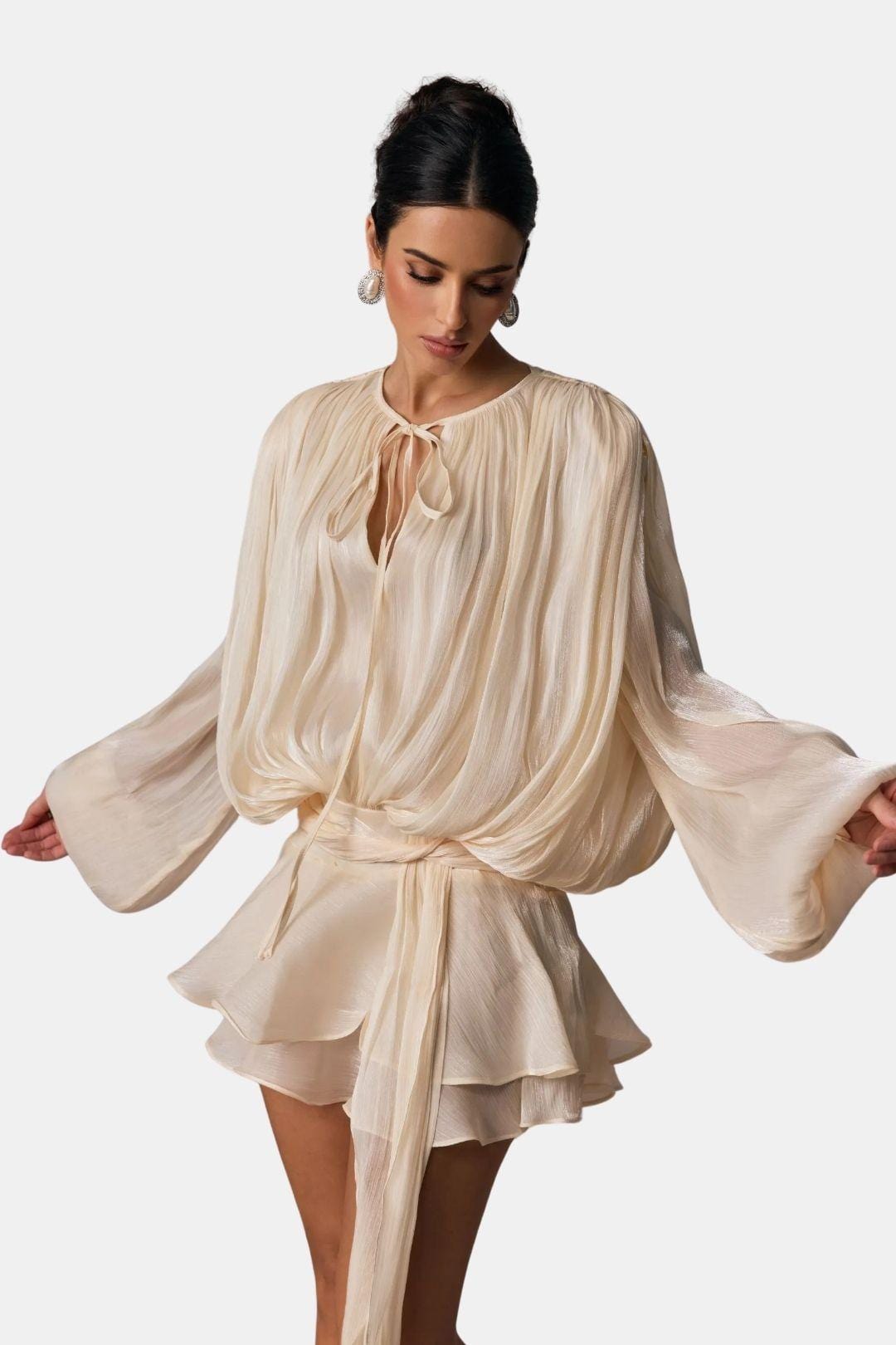 Image of Women's Long Sleeve Tie Neck Mini Dress