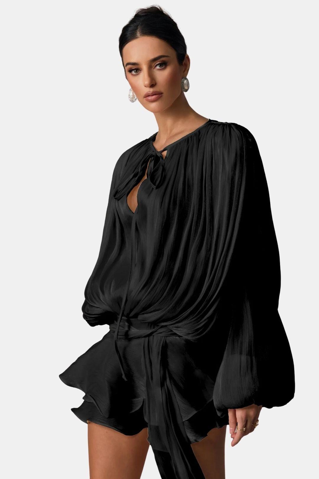 Image of Women's Long Sleeve Tie Neck Mini Dress