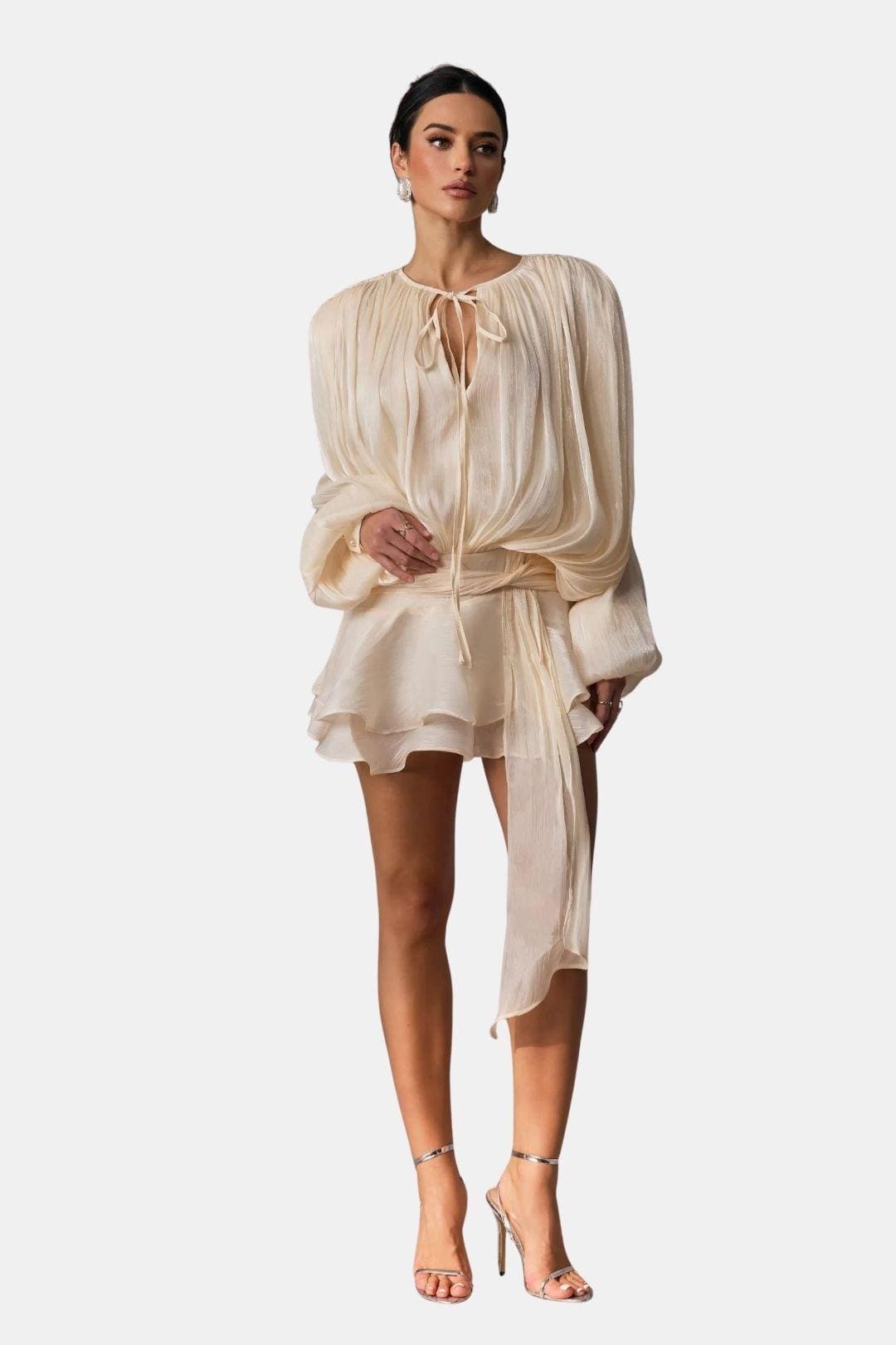 Image of Women's Long Sleeve Tie Neck Mini Dress