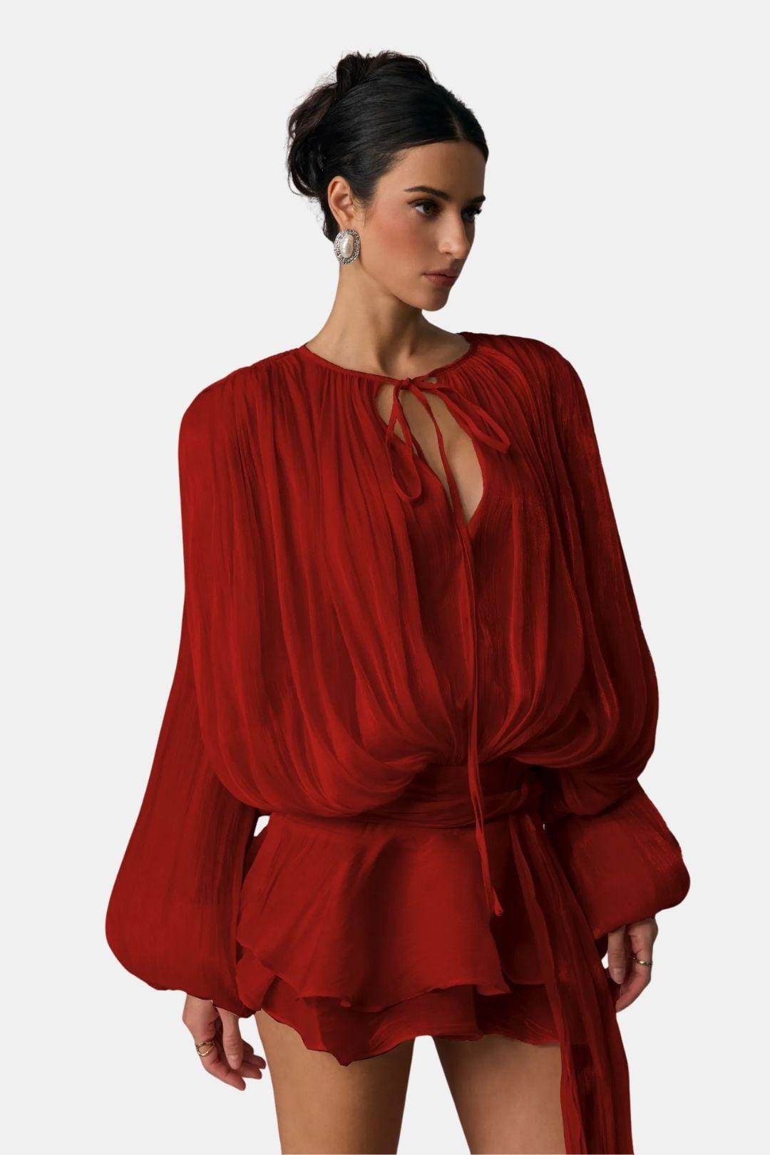 Image of Women's Long Sleeve Tie Neck Mini Dress