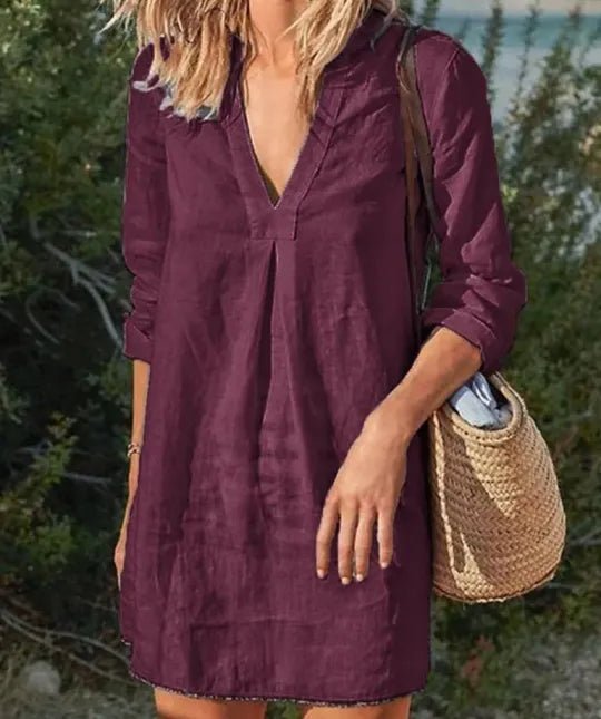 Image of Women's Long Sleeve V-Neck Mini Shirt Dress
