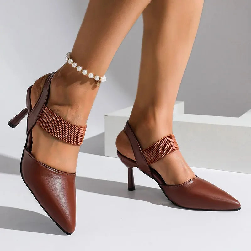 Image of Women's Pointed Toe Elastic Ankle Strap Heels