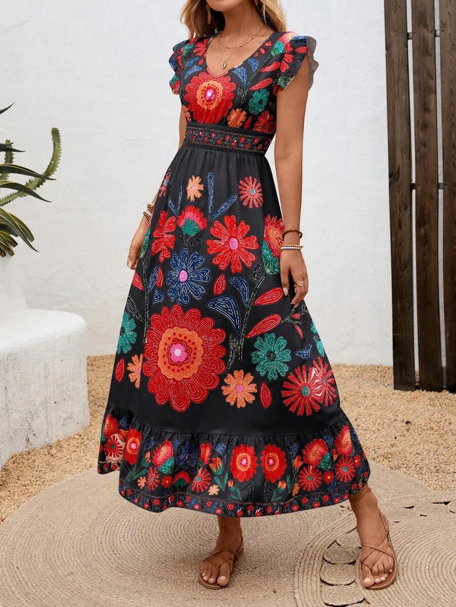 Image of Women's Ruffle Sleeve A-Line Midi Dress