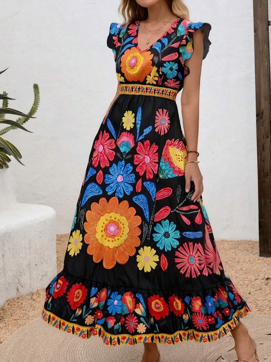 Image of Women's Ruffle Sleeve A-Line Midi Dress