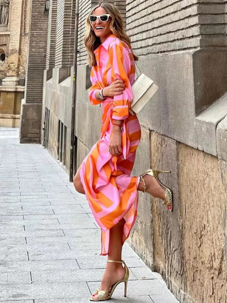 Image of Women's Striped Wrap Midi Dress