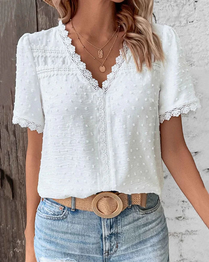Image of Women's V-Neck Lace Trim Blouse
