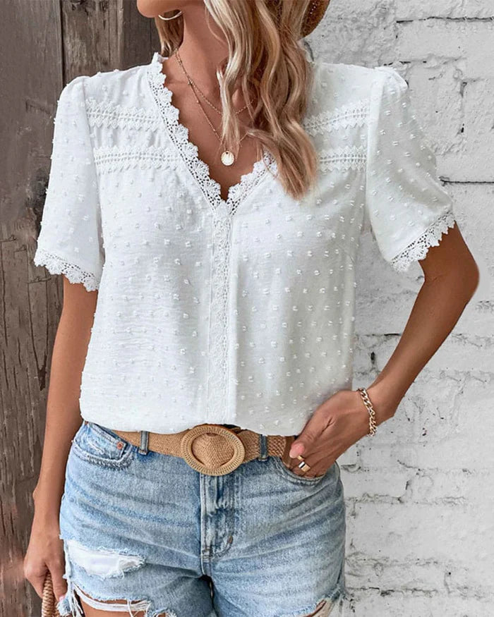 Image of Women's V-Neck Lace Trim Blouse