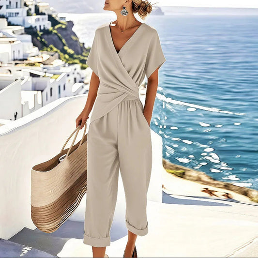 Image of Women's V-Neck Two-Piece Jumpsuit Set