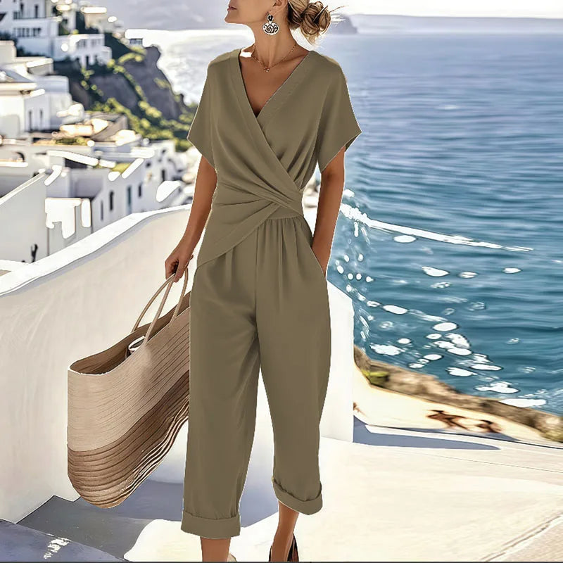 Image of Women's V-Neck Two-Piece Jumpsuit Set