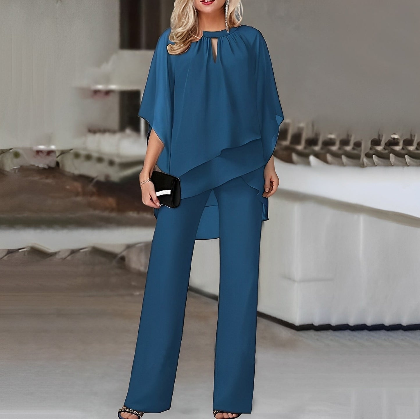 Image of Women's Wide Leg Overlay Top Pant Set