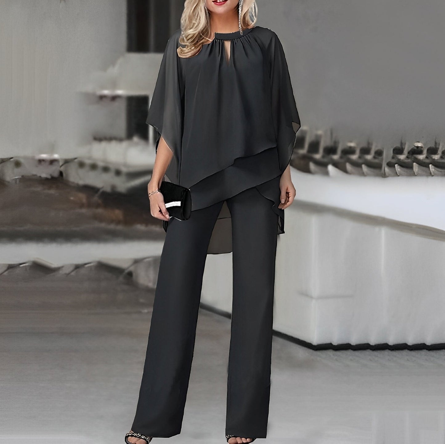 Image of Women's Wide Leg Overlay Top Pant Set