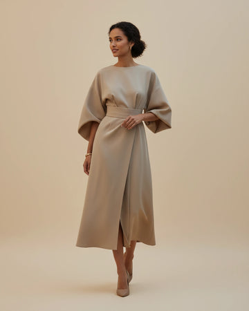 belted wrap midi dress Maya Lantern Sleeve Dress