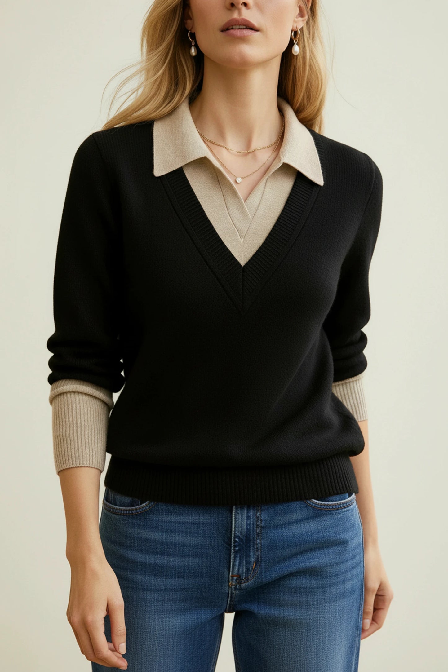 Women's V-Neck Collared Sweater