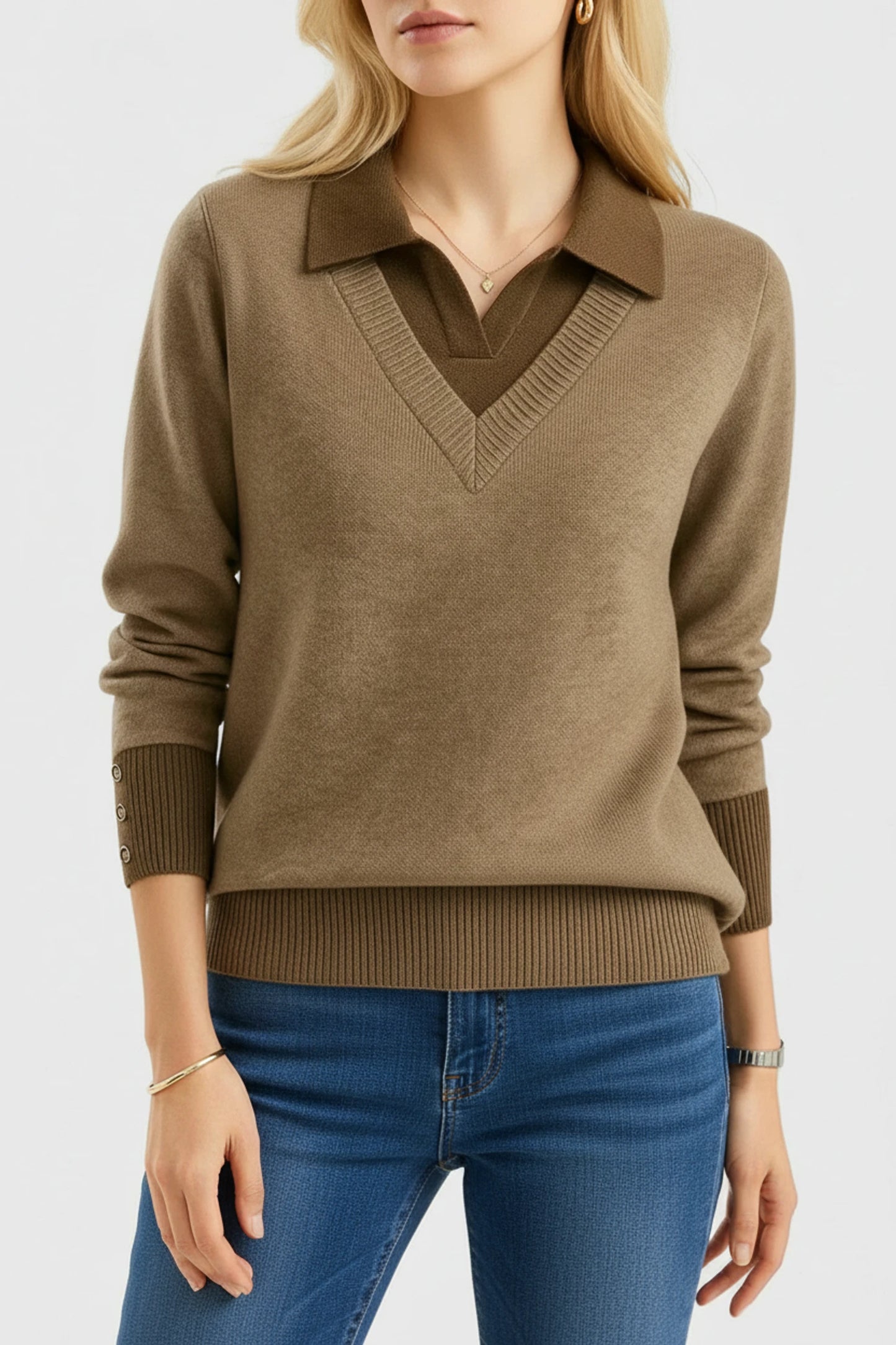Women's V-Neck Collared Sweater