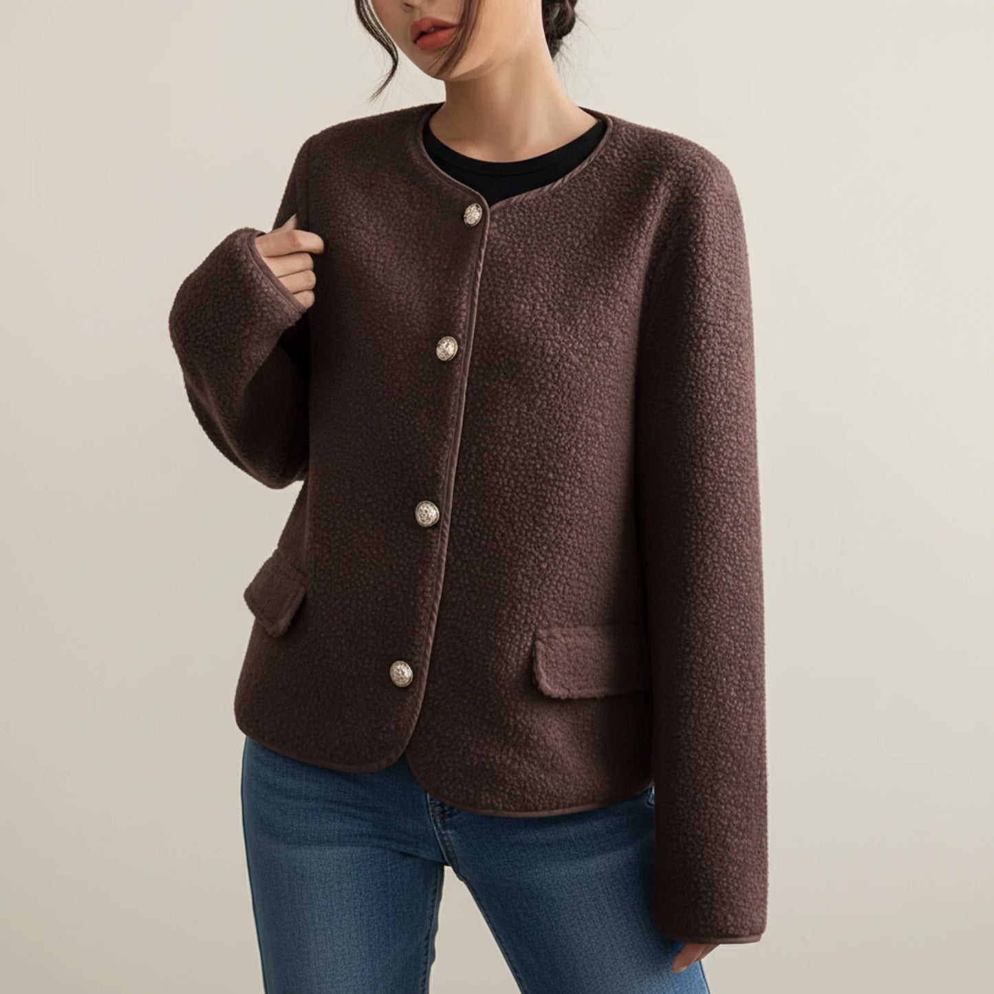 Women's Collarless Tweed Style Jacket