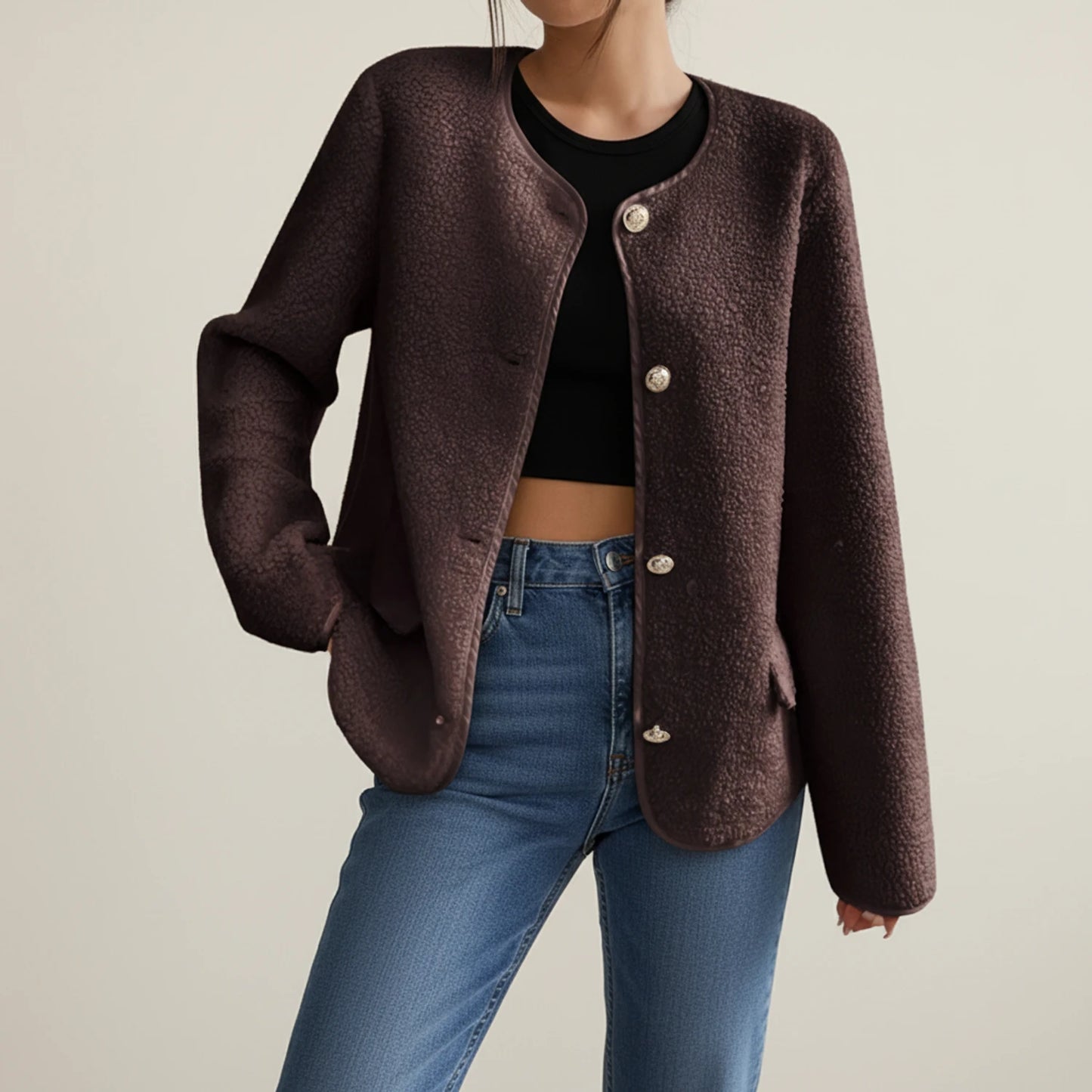 Women's Collarless Tweed Style Jacket