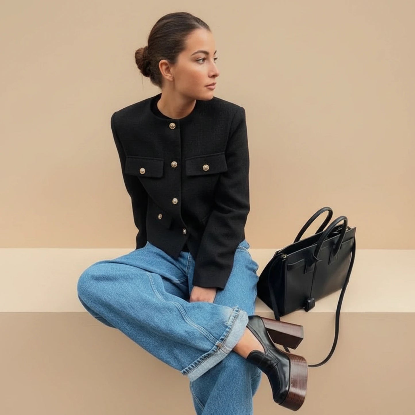 Women's Collarless Cropped Blazer Jacket