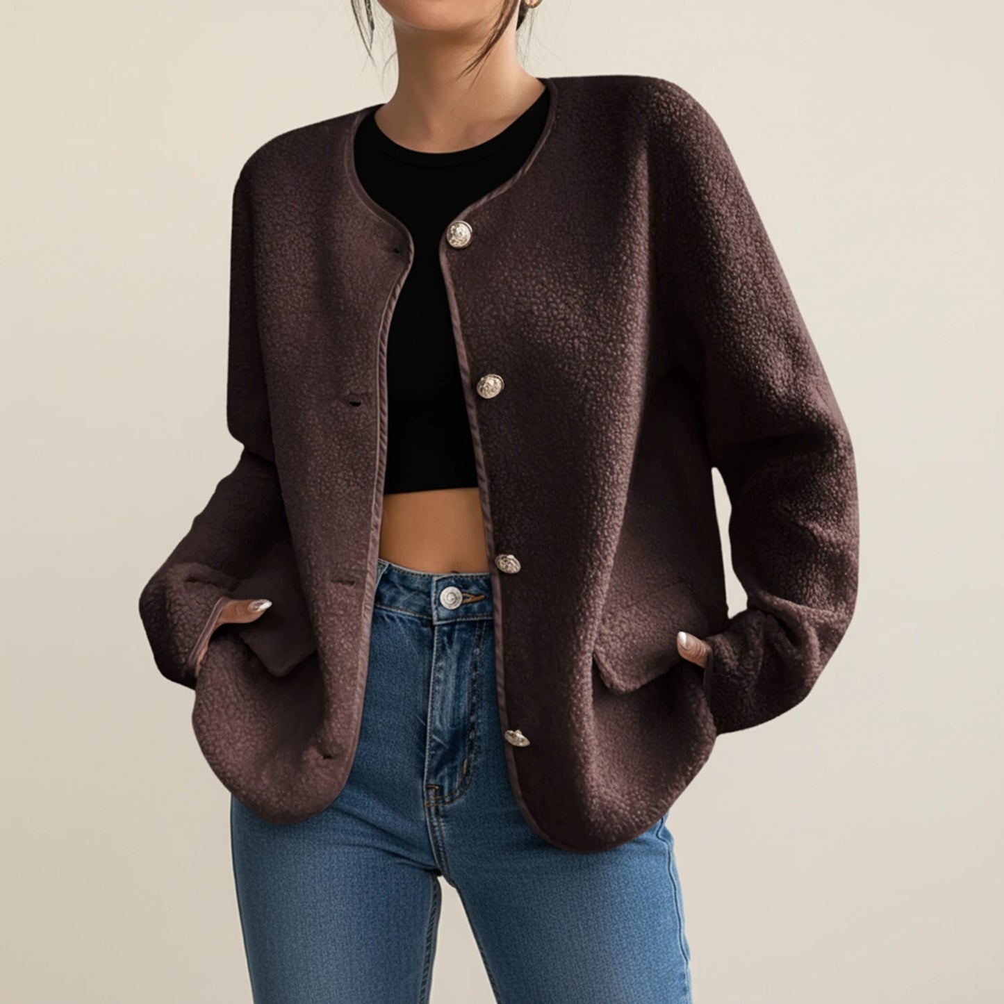 Women's Collarless Tweed Style Jacket