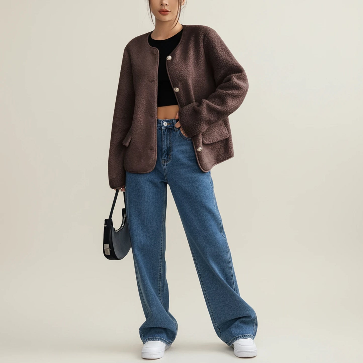 Women's Collarless Tweed Style Jacket