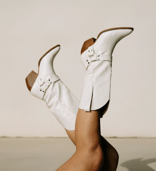 Women's White Harness Strap Western Boots