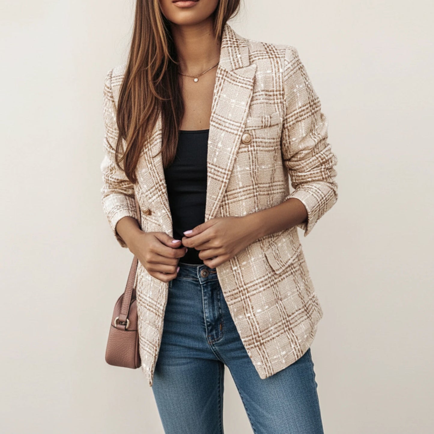 Women's Double-Breasted Plaid Blazer Jacket