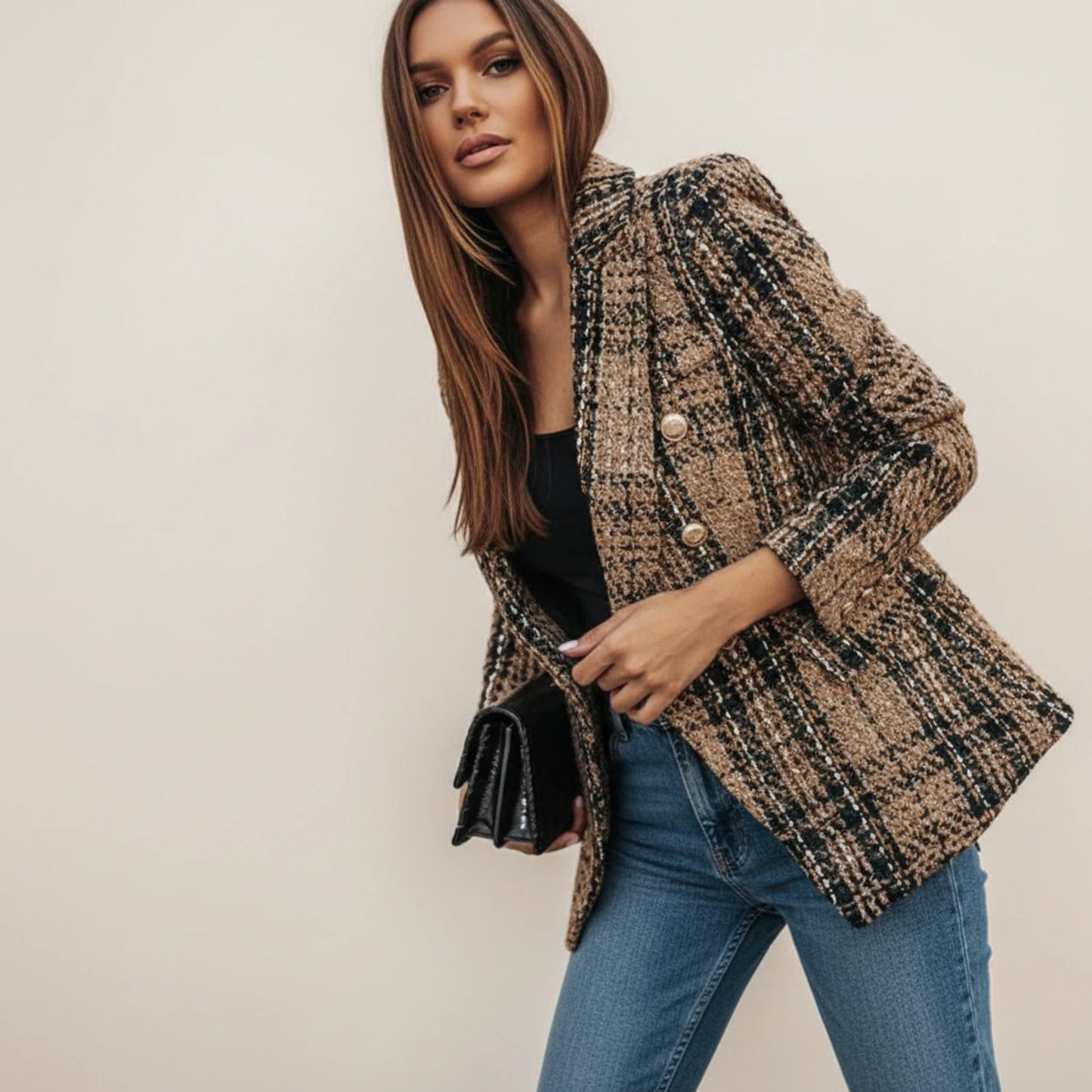 Women's Double-Breasted Plaid Blazer Jacket