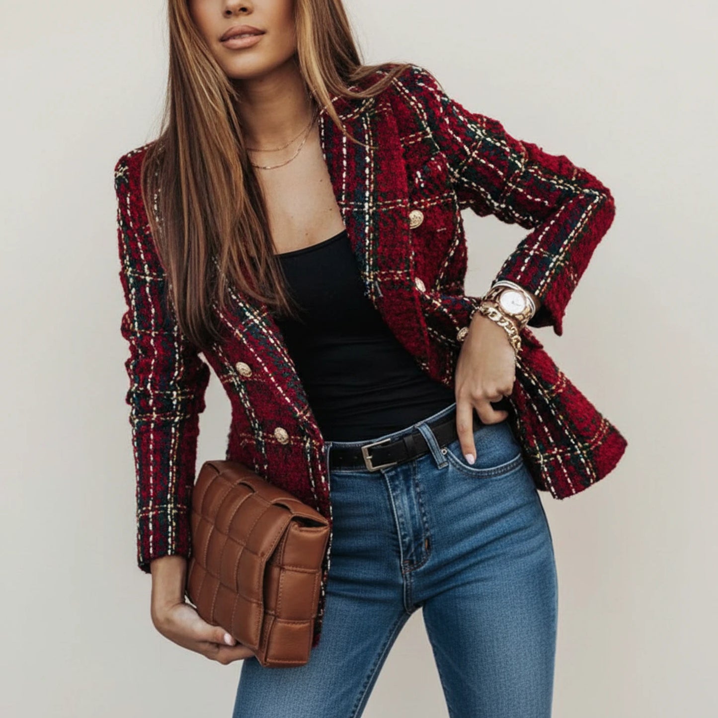 Women's Double-Breasted Plaid Blazer Jacket