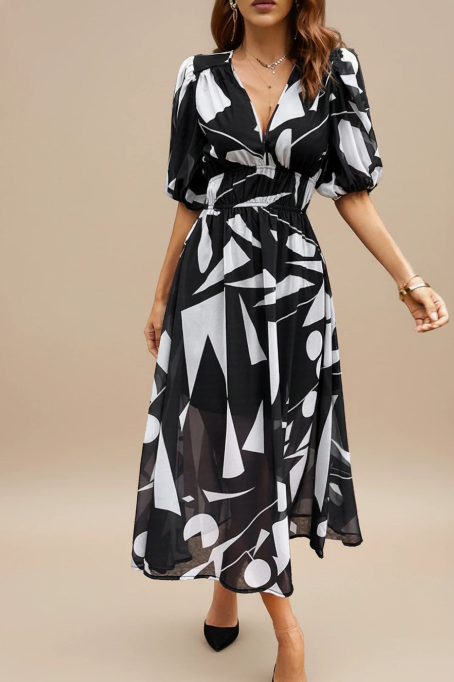 Women's Floral V-Neck A-Line Midi Dress