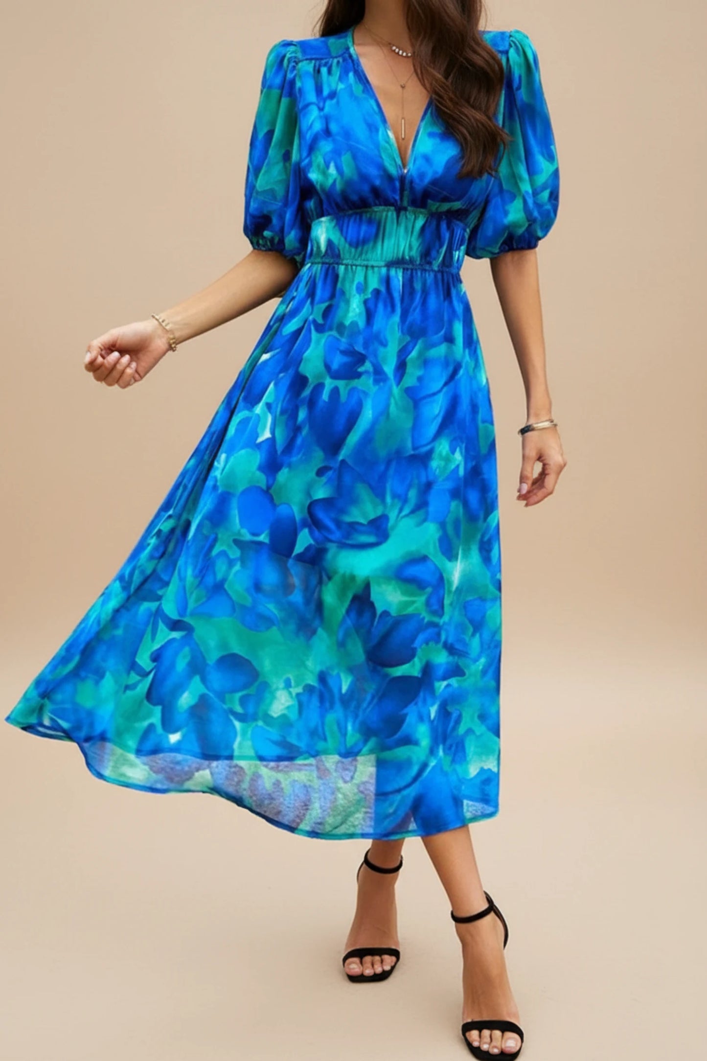 Women's Floral V-Neck A-Line Midi Dress
