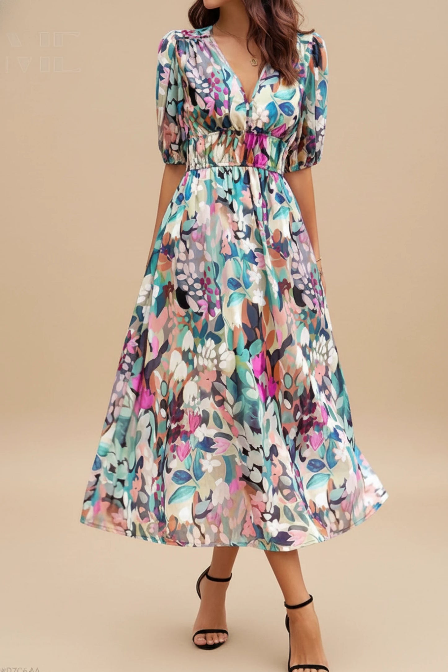 Women's Floral V-Neck A-Line Midi Dress