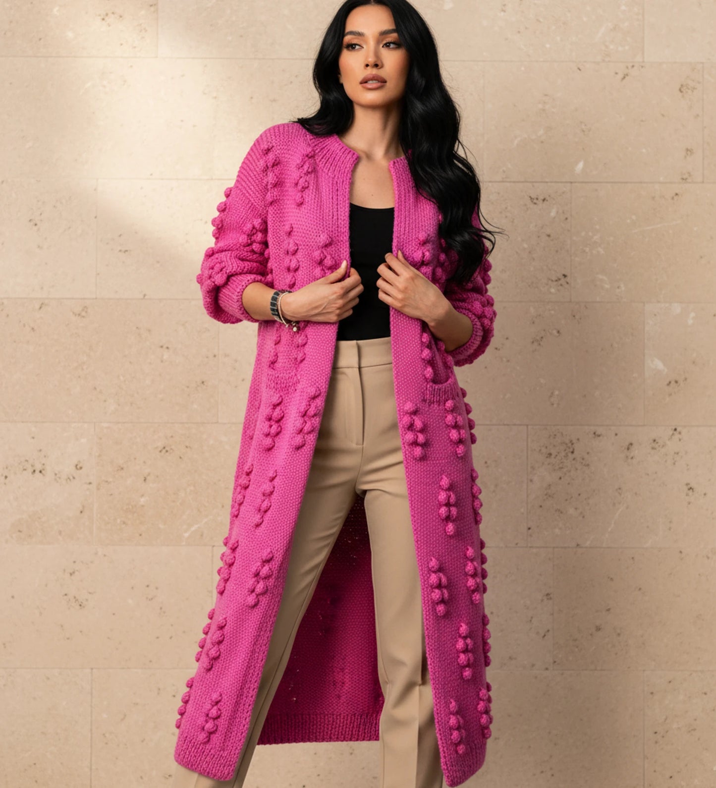 Women's Longline Textured Popcorn Cardigan