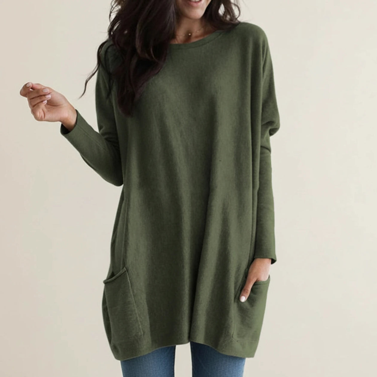 Women's Oversized Sweater Dress with Pockets - Green / M - Fashion Trends