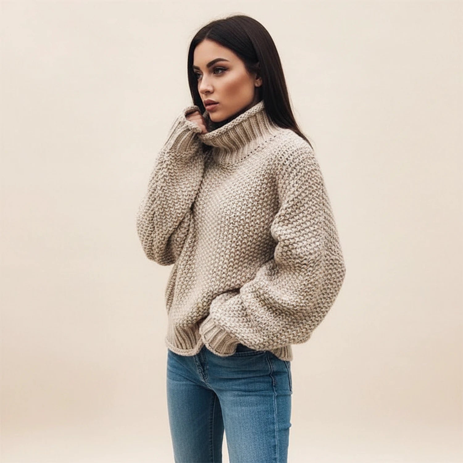 Women's Chunky Knit Turtleneck Sweater detail
