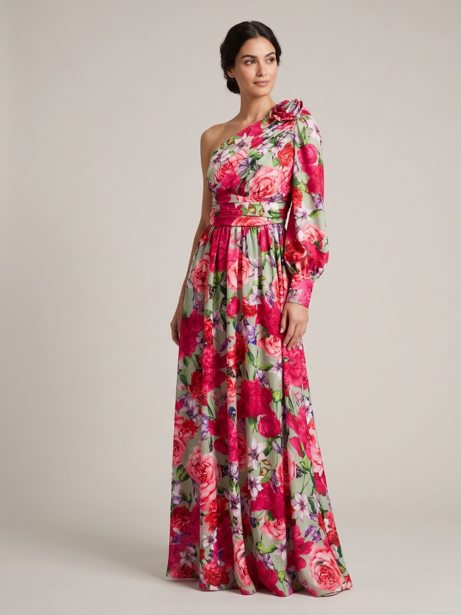Women's Floral One Shoulder Evening Maxi Dress - Image 1