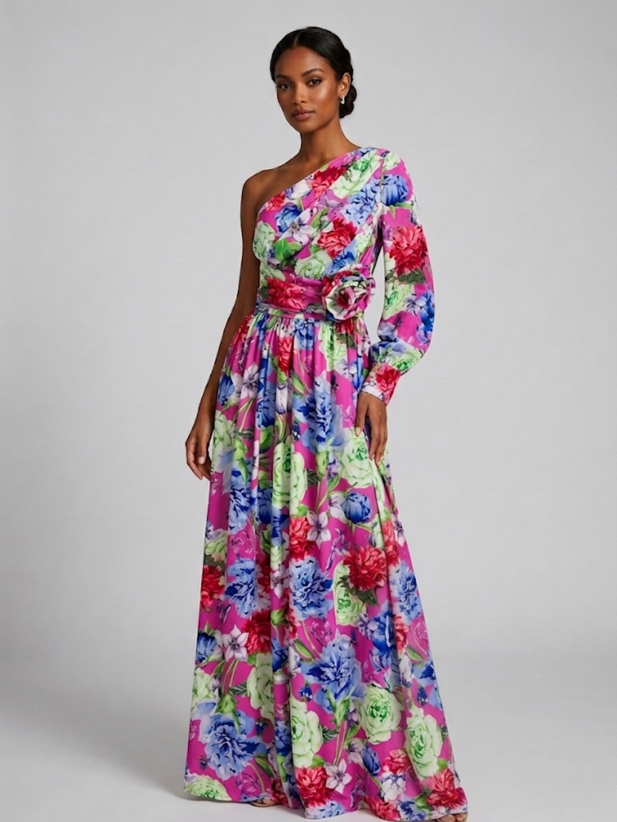 Women's Floral One Shoulder Evening Maxi Dress - Image 1