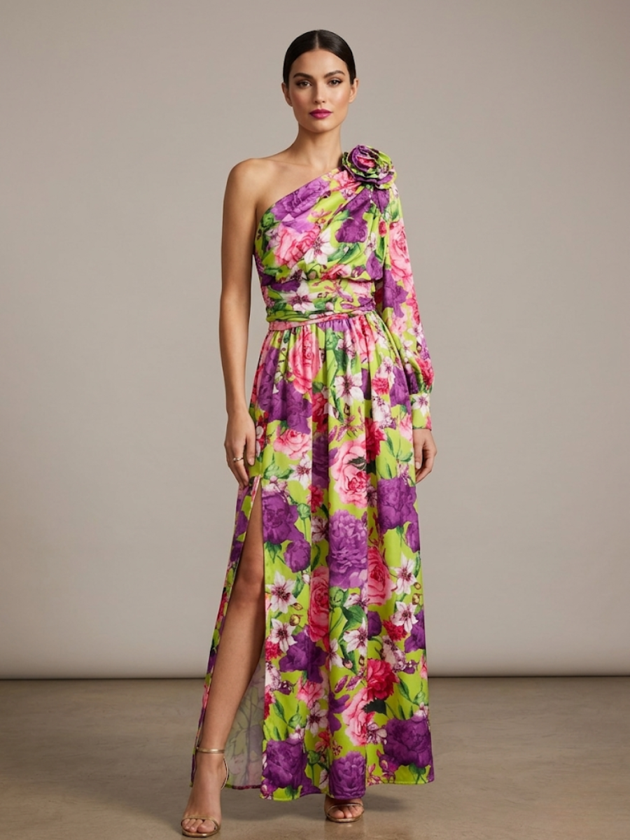 Women's Floral One Shoulder Evening Maxi Dress - Image 2