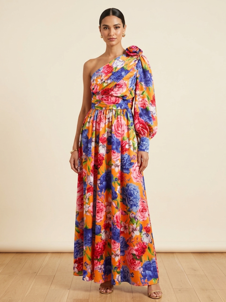 Women's Floral One Shoulder Evening Maxi Dress - Image 2
