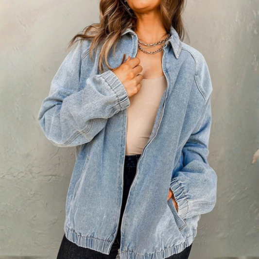 Women's Zip-Up Denim Bomber Jacket - Image 1