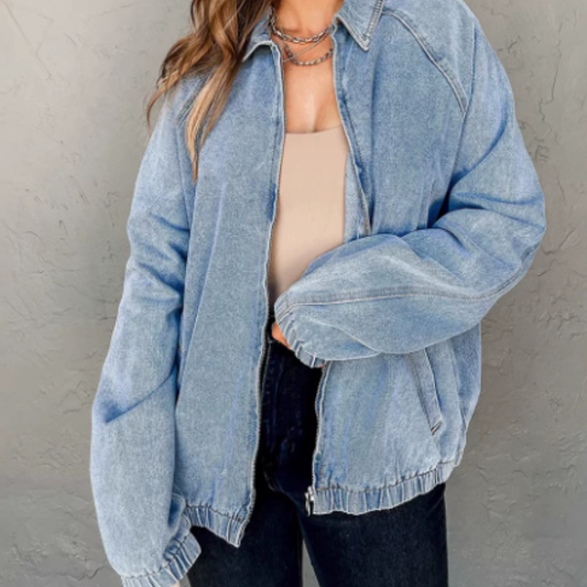 Women's Zip-Up Denim Bomber Jacket - Image 2