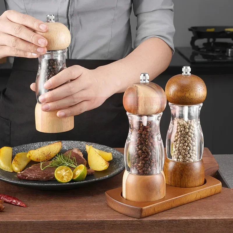 Wooden and Glass Salt and Pepper Mill Set – Stylish Spice Grinders for the Kitchen