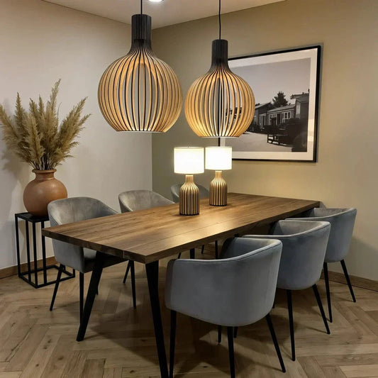 Wooden Pendant Lamp - Vintage Style | Adjustable Height | LED